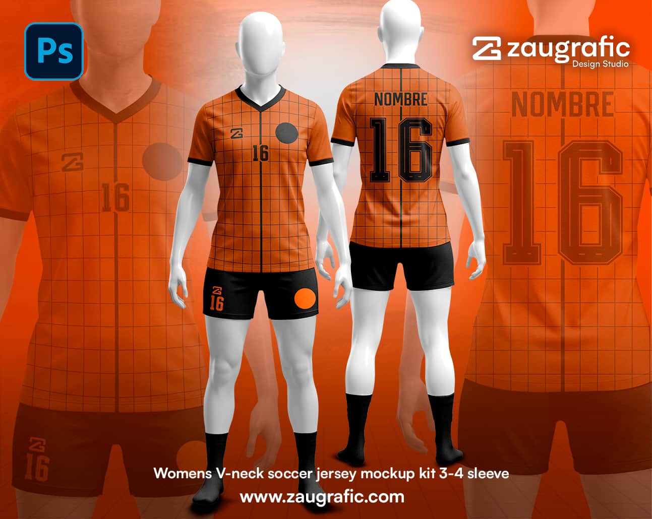 Womens V-neck soccer jersey mockup kit 3-4 sleeve 
