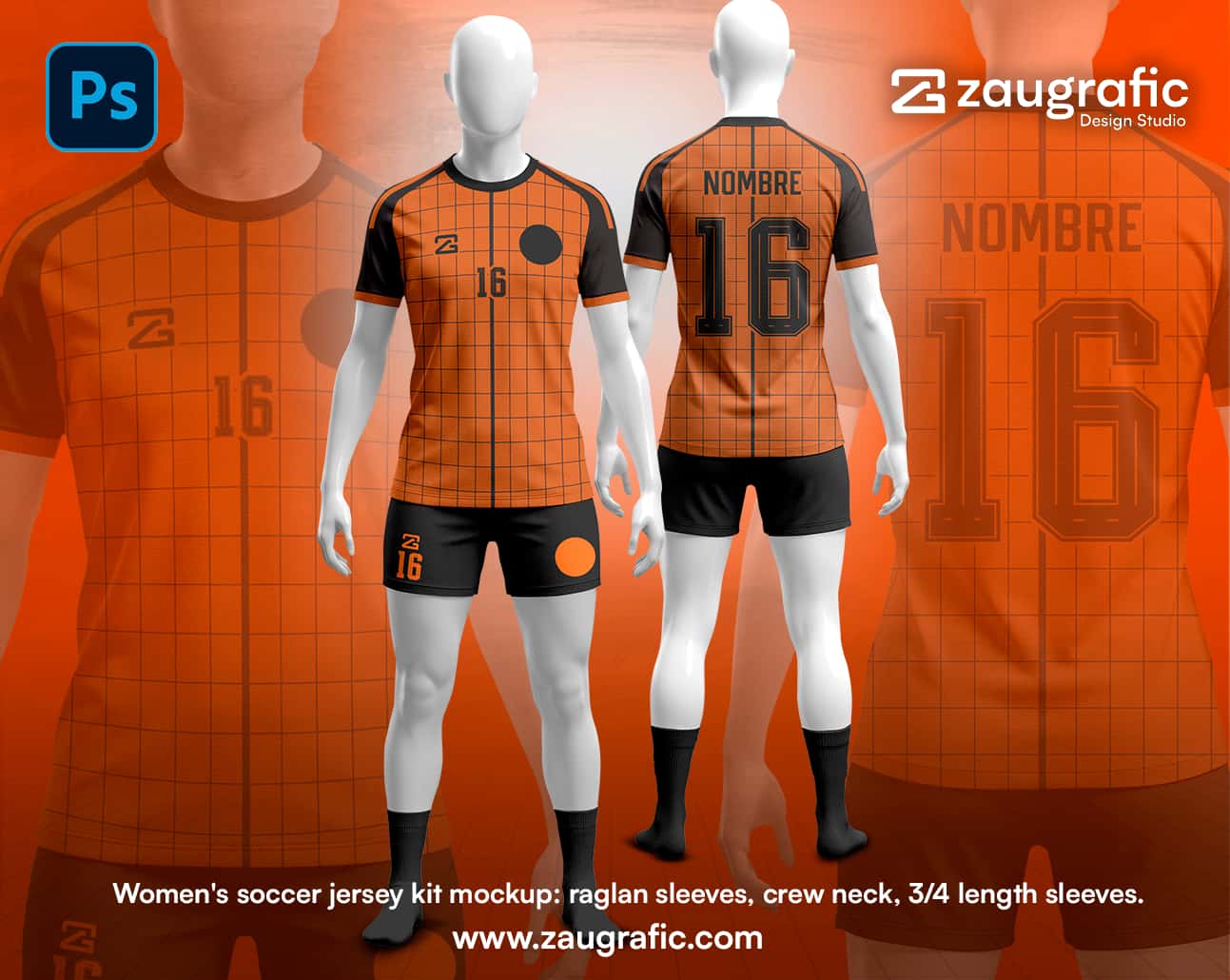 Women's soccer jersey kit mockup: raglan sleeves, crew neck, 3/4 length sleeves.