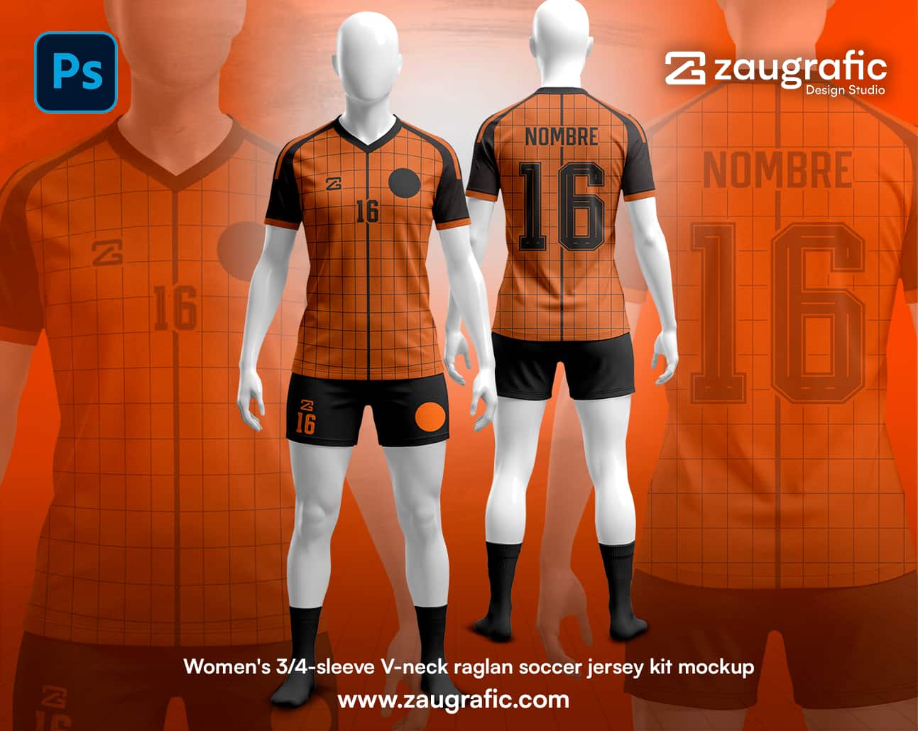 Womens 3-4-sleeve V-neck raglan soccer jersey kit mockup portada